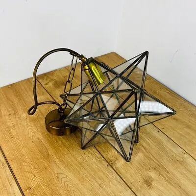 Vintage Moravian Star Glass & Brass/Gold Pendant Ceiling Lamp Shade Light • £40