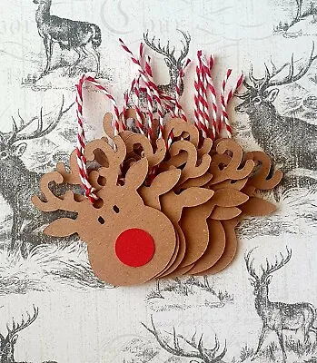 10 X Handmade Brown Rudolph Red Nose Reindeer Christmas Gift Tags • £3.99