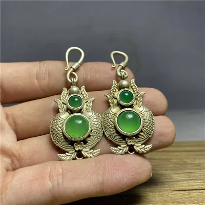 Antique Collection Qing Dynasty Old Jade Earrings Chinese Retro Jewelry Collect- • $30