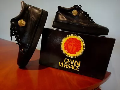 GIANNI VERSACE 1997 White-Label COUTURE   MEDUSA  Black LEATHER SNEAKERS  * $349 • $349