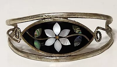 Vtg Alpaca Silver Mother Of Pearl Lotus Flower Cuff Bracelet Mexico Jewelry  • $9.25