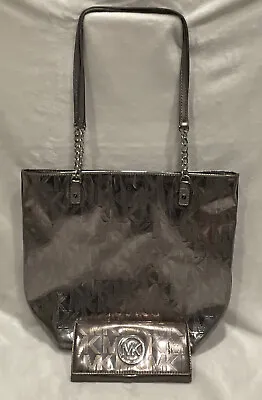 Michael Kors Womens Metallic Silver Tote Bag Shoulder Chain Leather Strap Zipper • $65