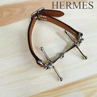 HERMES Mall H Motif Horsebit A Engraved Bracelet Leather Brown Silver Metal • £429.79