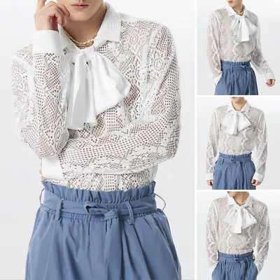 Mens Lace Up Tie Neck Lace Crochet Tops Shirt Long Sleeve Sheer Shirts Slim Tee • £19.94