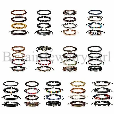 Men Women Leather Lots Bracelets Wooden Beaded Bangle Braided Wristband 4pcs Set • $13.41