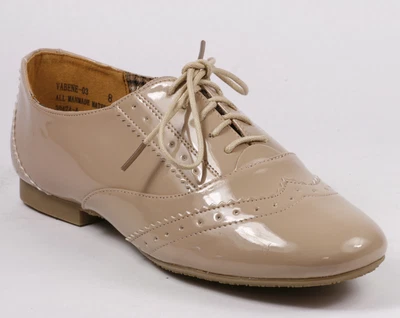$9.99 • Buy Blush Beige Patent Perforated Lace Up Oxford Flat Loafers Bamboo Vabene-03