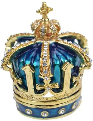 Bejeweled Crown Hinged Metal Enameled Rhinestone Trinket Box • $22.50