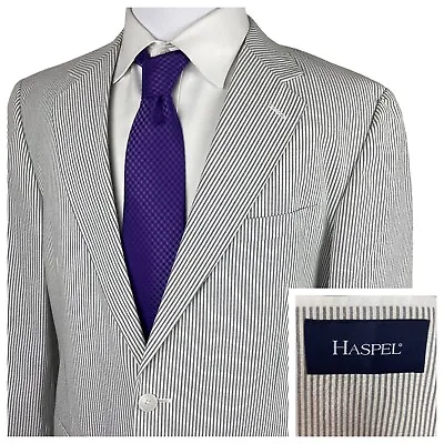 HASPEL Seersucker Suit Jacket 44L Cypress HL Grey White Pinstriped Sport Coat • $75