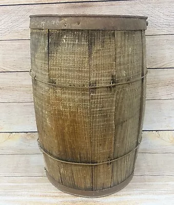 Vtg Wooden Wood Primitive Wire Banded Nail Keg Barrel Rustic Farm Decor 17 X10  • $49.99