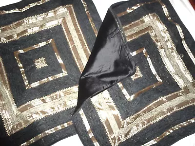 J. Queen Bradshaw Black Gold Chenille Stripe (2) Euro Pillow Shams 26x26 • $47.20