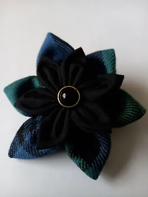 Blue Green & Black Tartan Fabric Brooch. Black Inner Flower. Black/ Gold Centre • £6.25