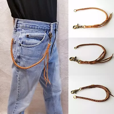 Braided Leather Wallet Chain Lanyard Long Brass Biker Trucker Key Handmade Brown • $25.99