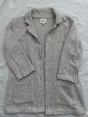 ECI NEW YORK SPARKLY Gray SEQUINED KNIT JACKET Size Medium Mid Length Cardigan • $30