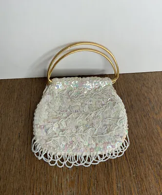 Vintage Hong Kong Handbag Clutch Iridescent Sequins White Beaded Purse • $51.90