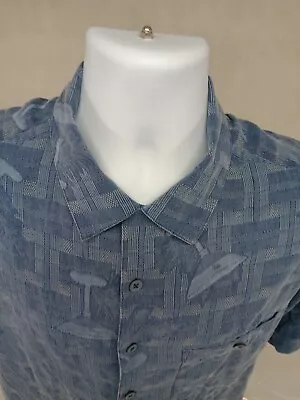 Island Republic Mens Large Blue Silk Short Sleeve Button Shirt Martini Pattern • $12.99