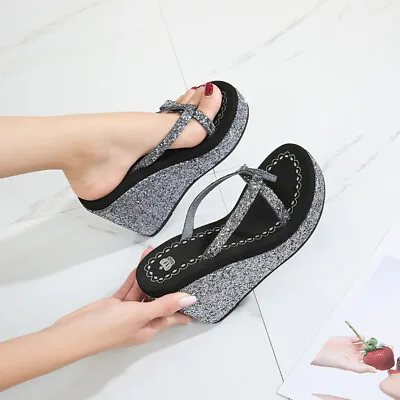 Summer Women Glitter Platform Wedge Heels Rhinestone Slippers Flip Flops Sandals • $36.79