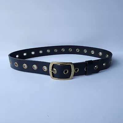 Vtg CURFEW Belt Unisex One Size Fits Most Black Leather 90s Grunge Rock Rivetted • $21.95