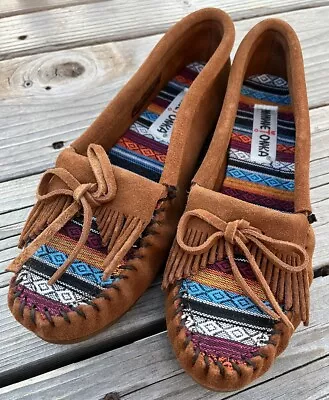 Minnetonka Moccasins Women's 8 Arizona Fabric Kilty Brown Suede Hard Sole 402K • $29.99