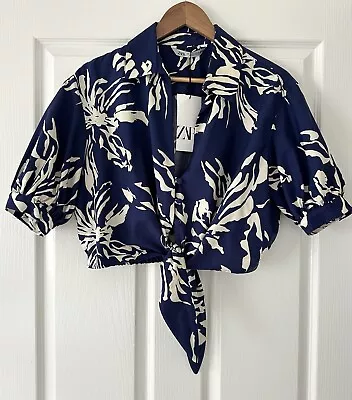Zara Crop Shirt In Navy Beige Size L Au 14 NWT Cotton Puff Sleeves • $0.99