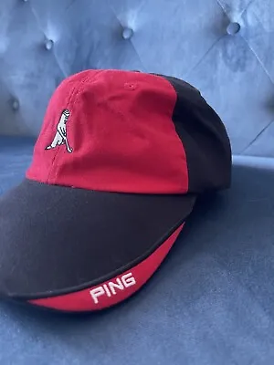 Vintage PING Hat Cap Mens Mr. Ping Strap Back Golf Ball Red Black White Cotton • $18