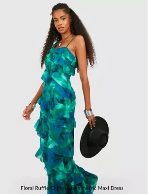 Boohoo Floral Ruffle Asymmetrical Maxi Dress Size 10 • $20