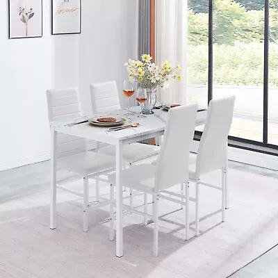 4pcs White Faux Leather Dining Chairs & White Marble MDF Top Dining Table Set • £161.49