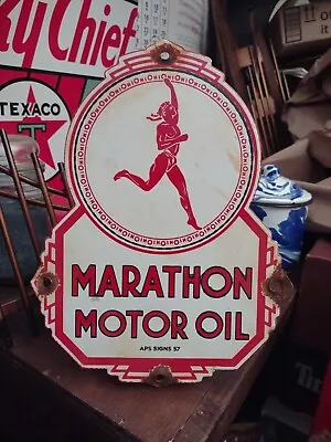 Vintage Marathon Motor Oil 10” Porcelain Gas Oil Sign • $145