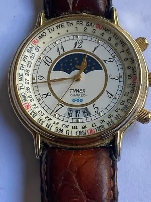 Vintage Timex Moon Phase Watch Perpetual Calendar Men 37mm Gold Tone.Run Well • $199