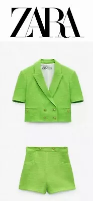 100% Authentic ZARA Neon Green Double Breasted Textured Cropped Blazer Size: XL • £122.54