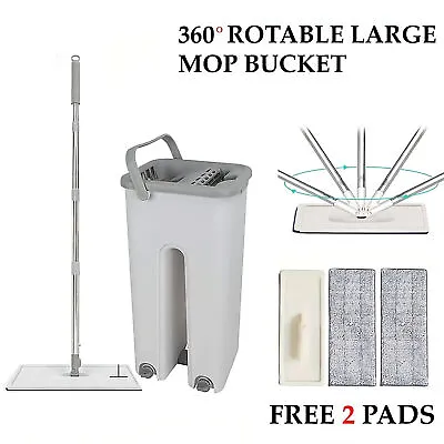 360° Flat Squeeze Microfiber Mop&Bucket Set Home Floor Tiles Cleaning +2 Pads • £3.99
