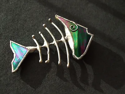 UNUSUAL FUNKY FISH SKELETON BROOCH Dichoric Glass Iridescent Hand Made Jewellery • £18