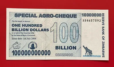 One X 100 Billion Agro -Cheque Zimbabwe Dollar Note. UNC. GENUINE. • £19.99