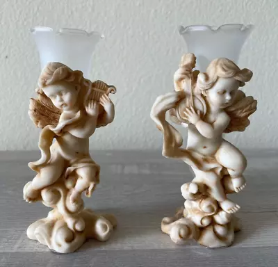 Set Of 2 K's Collection Vintage Angel Cherubs Figurines With Frosted Bud Vase • $12.75