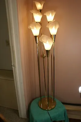 1960s Vintage Hollywood Regency 6 Light White Calla Lily Flower Brass Floor Lamp • $190