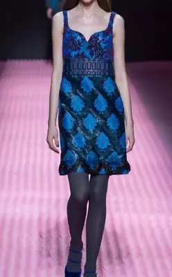 MARY KATRANTZOU Blue Damask Jacaquard Slvless Leather Dress New UK 10 42 Metalic • $80.88