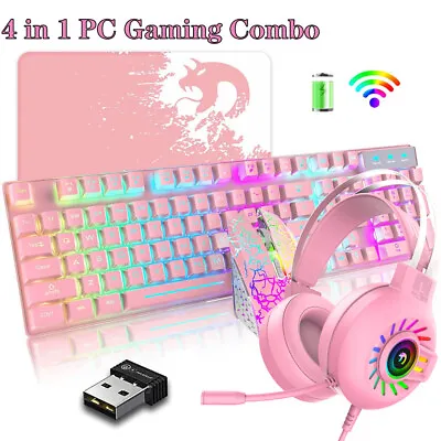 $75.14 • Buy Wireless Gaming Keyboard Mouse And 3.5mm Headset Combo Rainbow LED Backlit + Mat