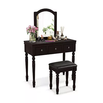 Makeup Vanity Table And Stool Set With Detachable Mirror And 3 Drawers Storage- • $253.88