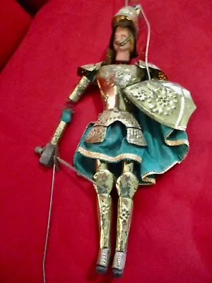Antique Italian Sicilian Stamped Brass Green Fabric And Wood Knight Marionette • $25