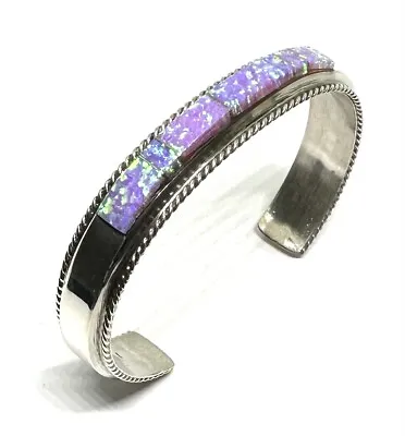 Native American Sterling Silver Navajo Handmade Inlay Purple Opal Cuff Bracelets • £128.45