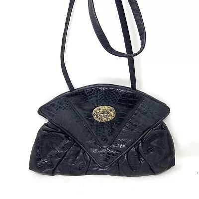 Vintage Viva Of California Black Leather Shoulder Bag Purse Croc Embossed • $44