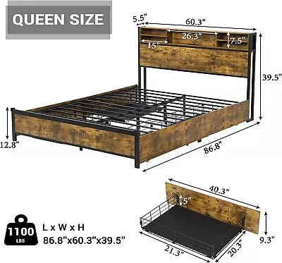 Full/Queen Bed Frame With LED Headboard Metal Platform Bed With Storage Drawers • $229.89