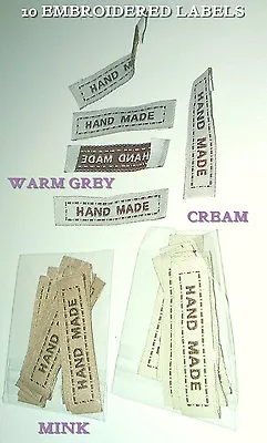 10 FABRIC Hand Made LABELS Grey+Brown Mink+Brown Cream+Brwn 4.5x1cm SEWING TRIMS • £2.59