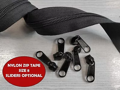 Black No 8 Continuous Nylon Zip With Sliders 1m 5m 10m Cushion Upholstery Sewing • £1.85