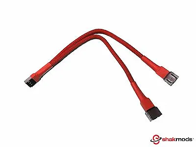 Shakmods 3 Pin Female Fan Y To 2 Male Splitter 20cm Red Sleeved Extension Cable • £3.99