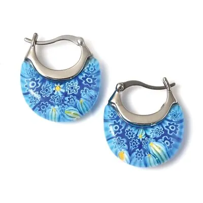 Blue Murano Style Millefiori Glass Daisy Flower Basket Hoop Earrings Clip On • $16.99