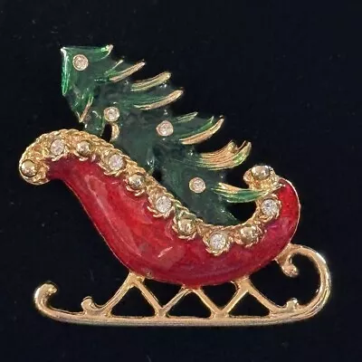 Vintage Red & Green Enamel Rhinestone Christmas Tree On Sleigh Brooch Pin • $17