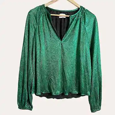 Saylor Emerald Green Metallic Long Sleeve Split V-Neck Blouse • $50