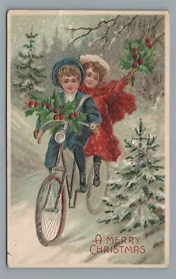 A Merry CHRISTMAS 2 Children On Bicycle Bike Vintage 1907 Postcard • $4.99