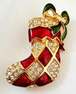 MONET Christmas Stocking Red Enamel Rhinestone Accent Green Bow Pin Brooch • $18.74