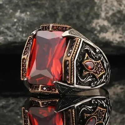 Men's Ring 925K Sterling Silver Turkish Handmade Jewelry Garnet All Size • $64